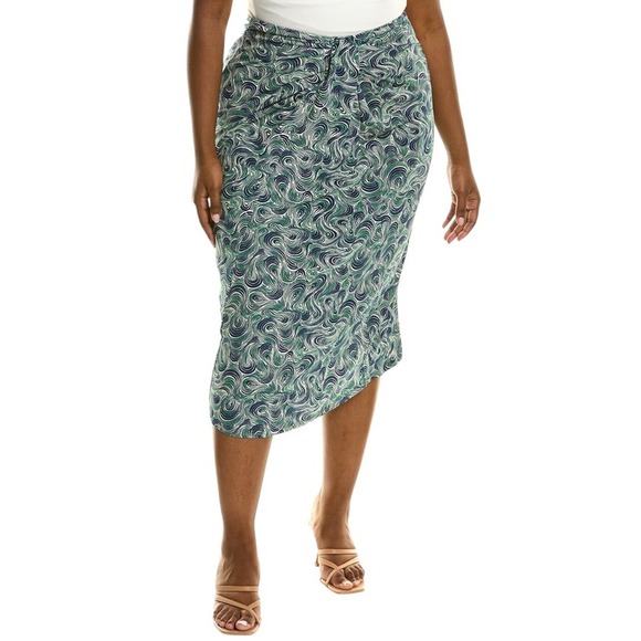 Cinq a Sept Womens Skirt Size 4 Green Blue Swirl Print Knot Front Midi New - Picture 4 of 6
